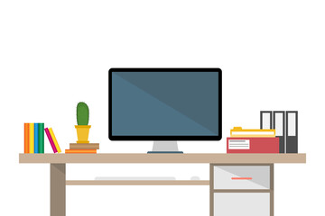 illustration of workplace with flat style design elements Desktop, flat design, office interior, home office. Working online from home. work it home. jpeg image. jpg illustration

