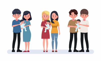 Gay and heterosexual, holding baby. Diverse families, same sex adoption.
