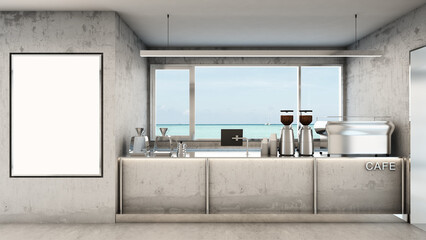 Cafe shop  Restaurant design Modern and Loft,Stainless steel top counter,Concrete counter, Board mock up on concrete wall, Concrete floors,Stainless steel window take view sea- 3D render