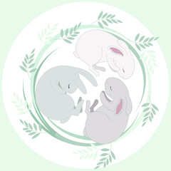 Three sleeping rabbits. Vector illustration. cute rabbit animal. hares lie in different positions. rabbit and hare in a circle of plants