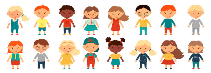 Set of baby avatars in flat style. Set of smiling girls and boys with different hairstyles, skin color and ethnicity, Europeans, Asians. Isolated colorful cartoon vector illustration of children.