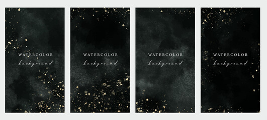 Set of vector universal watercolor backgrounds with gold glitter and copy space for text. Design for social media, story, card, invitation, feed post.