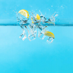 Water splash with fresh lemon fruit slices and ice cubes. Minimal summer vacation pool or beach cocktail drink party concept. Fun bright blue background.