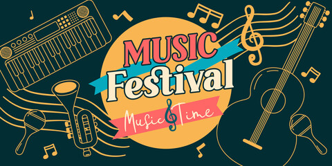 Music Festival Poster, Musical Instruments Doodle, Vector, Illustration
