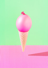 Ice cream made of ice cream cone and pink balloon against pink and green background. Minimal summer food concept. Creative party fun idea. 3d illustration.