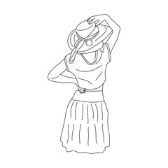 Slender girl in a hat looks ahead. Back view. Black and white vector isolated illustration hand drawn. Summer time. Elegant woman in skirt and top. Outline contour card. Beauty and femininity