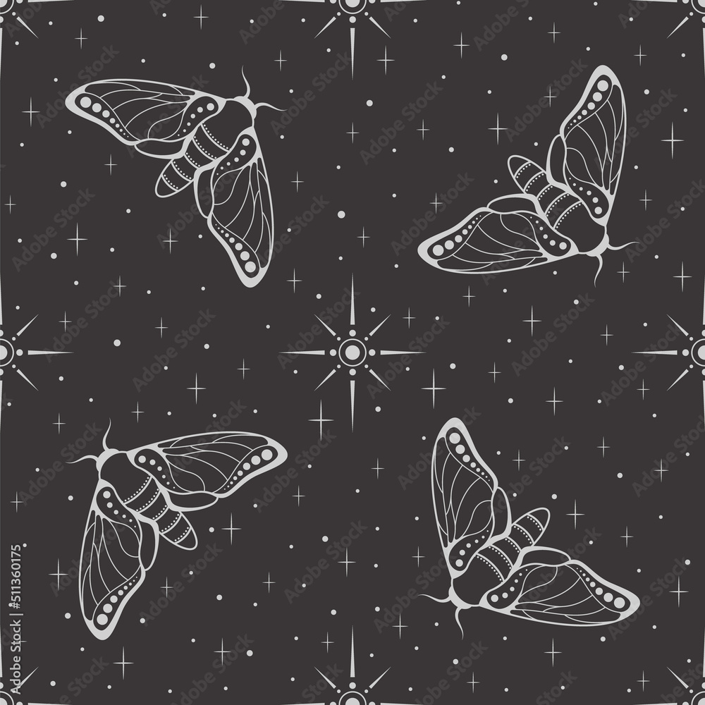 Wall mural vector seamless dark celestial pattern with stars and moth on a black. butterfly illustration. esote