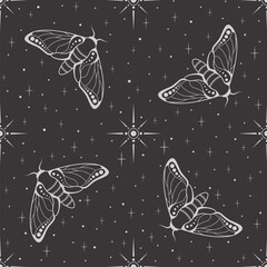 Vector seamless dark celestial pattern with stars and moth on a black. Butterfly illustration. Esoteric mystical background with a gray insect for wrapping paper, packaging, fabric and wallpaper