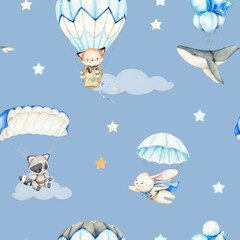 Sky adventure seamless pattern. Hot air balloon, parachute, cute baby wild animals, hand drawn illustration. Blue background. For prints, postcards, greeting cards, textile, wrapper. © Victoria Pak