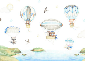 Fototapety  Skydiving, airship illustration. Cute little wild animals flying with parachute and hot air balloon. Hand painted watercolor birthday design. Cartoon kid character. For posters, prints, cards
