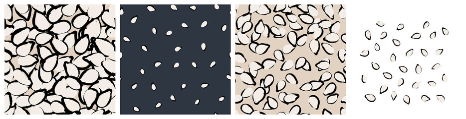 Sesame seeds clipart and background. Healthy food ingredient, benne spice seamless pattern for product packaging print. Hand drawn repeat vector design in abstract trendy style.