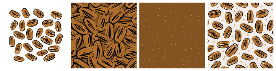 Pecan nut seeds clipart and background. Healthy food, praline ingredient, seamless pattern for product packaging print. Hand drawn repeat vector design in abstract trendy style. - obrazy, fototapety, plakaty
