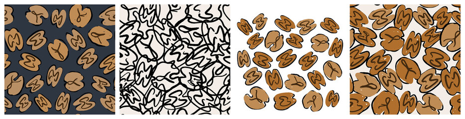 Walnut seed clipart and background. Healthy snack, food, cooking ingredient seamless pattern for product packaging print. Hand drawn repeat vector design in abstract trendy style.