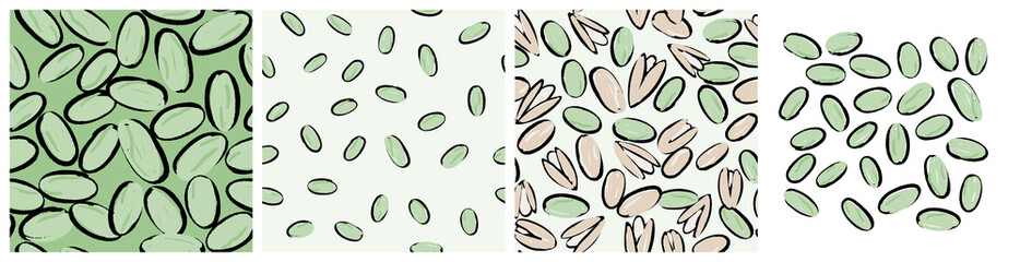 Pistachio green nut clipart and background. Healthy snack, food or dessert ingredient seamless pattern for product packaging print. Hand drawn repeat vector design in abstract trendy style.