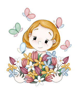 Portrait of a cute cartoon baby girl with a big bunch of flowers in her hands and butterflies. Summer illustration. Digital illustration in the watercolor style. Mother's Day card.