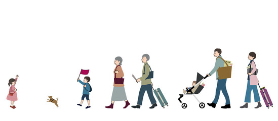 楽しそうに旅行に出かける3世代家族と犬のセット