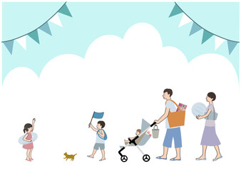 花火や浮き輪を持って犬と一緒にお出かけする楽しそうな家族と背景のセット