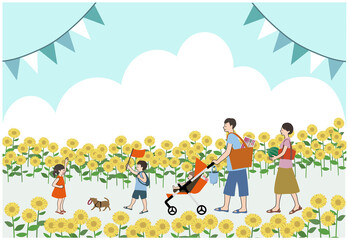 花火やすいかを持って犬と一緒にお出かけする楽しそうな家族とひまわり畑のセット