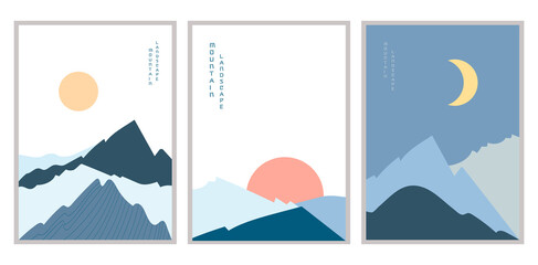 Vector illustration mountain landscape posters. Geometric landscape background in asian japanese style. Abstract symbol for print, poster, sticker, card design. 
