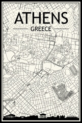 Light printout city poster with panoramic skyline and hand-drawn streets network on vintage beige background of the downtown ATHENS, GREECE