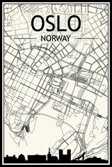 Light printout city poster with panoramic skyline and hand-drawn streets network on vintage beige background of the downtown OSLO, NORWAY