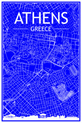 Technical drawing printout city poster with panoramic skyline and hand-drawn streets network on blue background of the downtown ATHENS, GREECE