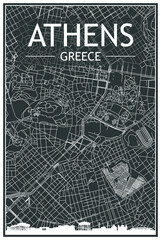 Dark printout city poster with panoramic skyline and hand-drawn streets network on dark gray background of the downtown ATHENS, GREECE