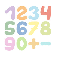 Cute multicolored numbers with plus and minus sign in doodle style. Hand Drawn. Freehand drawing. Doodle. Sketch.	