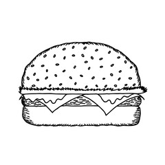 Big juicy burger with meat cutlet, bun with sesame seeds, cheese, lettuce, mustard in doodle style. Hand Drawn. Freehand drawing.	