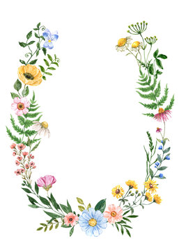 Watercolor floral wreath. Hand-painted wildflowers, foliage, and herbs. Oval-shaped botanical frame, isolated on white background.