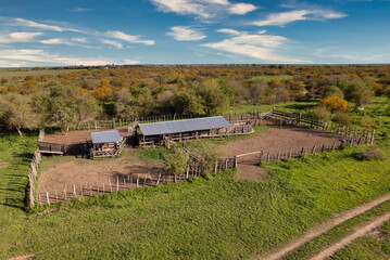 Typical farm in the province of buenos aires. Aerial view of a farm with a corral for cows.