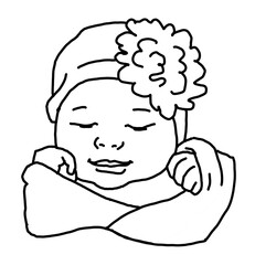 New born sweet baby face emotions. Little girl with big flower on the head sleeping and smiling. Hand drawn character illustration. Retro vintage comic cartoon line style drawing.