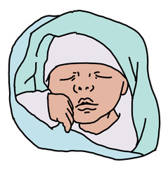 New born sweet baby face emotions. Little cute boy sleeping and smiling. Hand drawn character illustration. Retro vintage comic cartoon line style drawing.