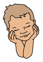 New born sweet baby face emotions. Little cute boy sleeping and smiling. Hand drawn character illustration. Retro vintage comic cartoon line style drawing.