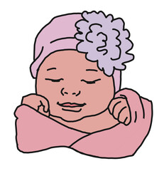 New born sweet baby face emotions. Little girl with big flower on the head sleeping and smiling. Hand drawn character illustration. Retro vintage comic cartoon line style drawing.