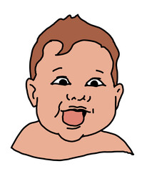 New born sweet baby face emotions. Little happy child surprised with open mouth. Hand drawn character illustration. Retro vintage comic cartoon line style drawing.