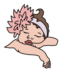 New born sweet baby face emotions. Little girl with big flower on the head sleeping and smiling. Hand drawn character illustration. Retro vintage comic cartoon line style drawing.