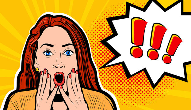 Surprised woman face with open mouth. Comic girl with speech bubble. Pop art vector illustration