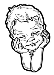 New born sweet funny baby face emotions. Little cute boy sleeping and smiling. Hand drawn character illustration. Retro vintage comic cartoon line style drawing.