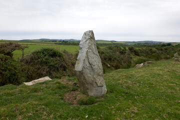 Nine Maidens stone row Cornwall all the stones are of quartz the north-eastern stone is prostrate and broken it measures 15 feet in length the tallest of those still standing is 6 feet 7 inches high 