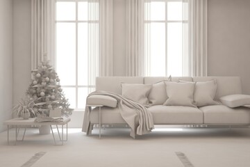 White minimalist living room with sofa. Scandinavian interior design. 3D illustration