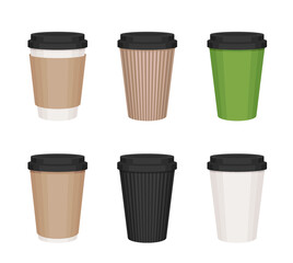Set of 6 coffee to go paper cups cartoon illustration. White, green, brown, black take away coffee cups. Coffee cup with brown sleeve and black cap. Isolated cartoon illustartion on white background	
