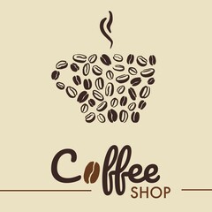 Coffee shop logotype of coffee beans  in the shape of a cup. Vector hand drawn illustration in brown color for coffee shop package, wallpaper, wrapping paper, menu.
