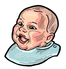 New born sweet baby face emotions. Little happy child surprised with open mouth. Hand drawn character illustration. Retro vintage comic cartoon line style drawing.