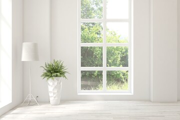 Fototapeta premium White empty room with summer landscape in window. Scandinavian interior design. 3D illustration