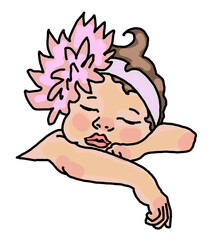 New born sweet baby face emotions. Little girl with big flower on the head sleeping and smiling with flower and heart. Hand drawn character illustration. Retro comic cartoon line style drawing.