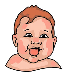 New born sweet baby face emotions. Little happy child surprised with open mouth. Hand drawn character illustration. Retro vintage comic cartoon line style drawing.