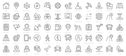 Navigation and location icons set. Map pointer, location, map, GPS, route, compass simple line icon symbol. Outline icons collection.