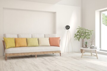 White living room with sofa. Scandinavian interior design. 3D illustration