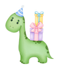 Watercolor dinosaur with a gift
